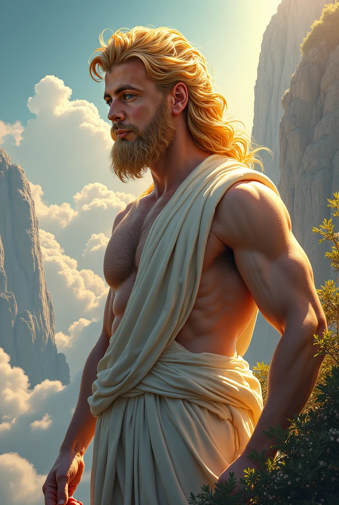 Thor, completely naked and without clothes, full body, with a cloud covering his bare penis, the cloud strictly in the low area of his body, covering his naked crotch, still showing the legs, completely naked, totally naked