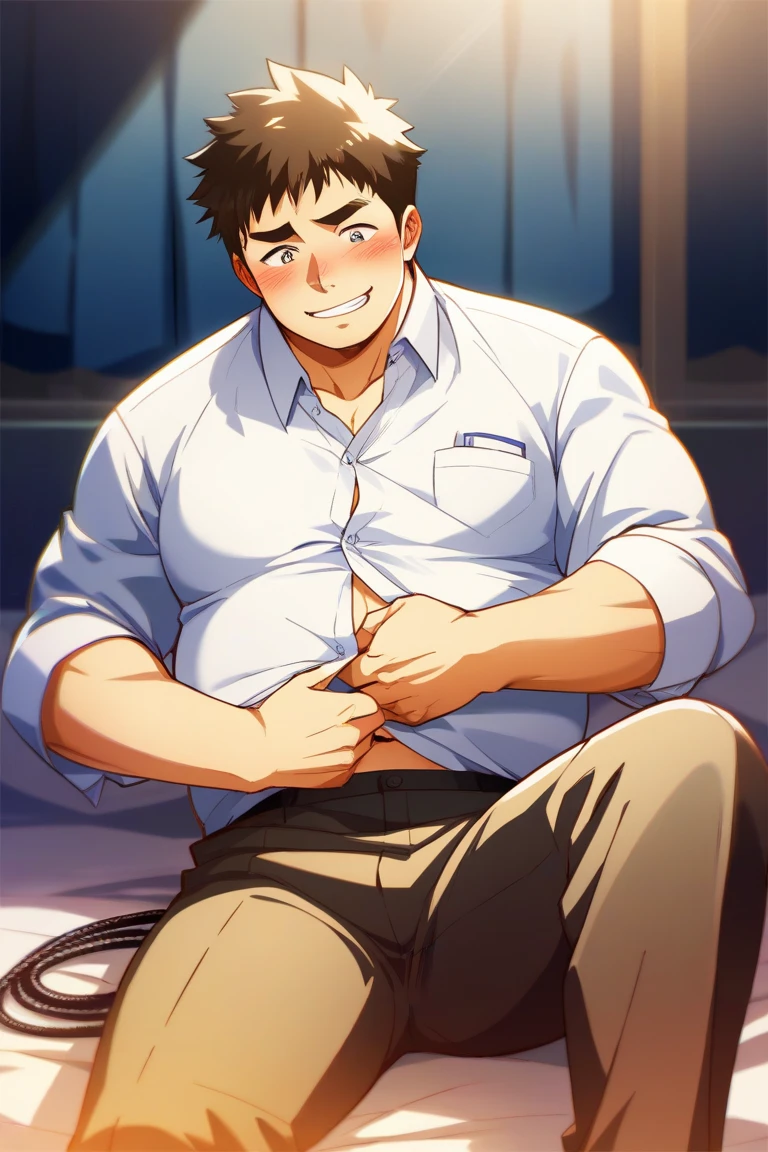 1man, smile, male focus, toned male, tall male, toned, pectorals, white shirt, beige pants, lens flare, solo, looking at viewer, gym background, best quality, amazing quality, best aesthetic, absurdres, muscular, full body, erection, penis out of pants, penis, nsfw, unzipped pants, two buttons unbuttoned shirt, neck shirt, perfect penis, large penis