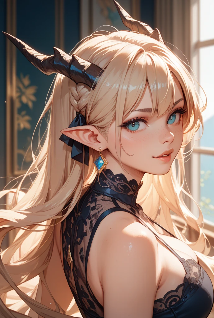 ((movie light), (high resolution, super detail), elf, (((pretty face)), 1 woman, 16 years old, straight long hair, beautiful golden hair, blue eyes, bangs, fine eyes and detailed face, intricate details, lowered hair, untied hair, solo, detailed background, detailed face, white nightgown, see-through, bedroom, faint moonlight, backlit, sad atmosphere, portrait, blurry background, smile, (dark shadow), mysterious, ((low saturation)), (gentle expression), looking at the black cat happily, relaxed atmosphere, (smile)