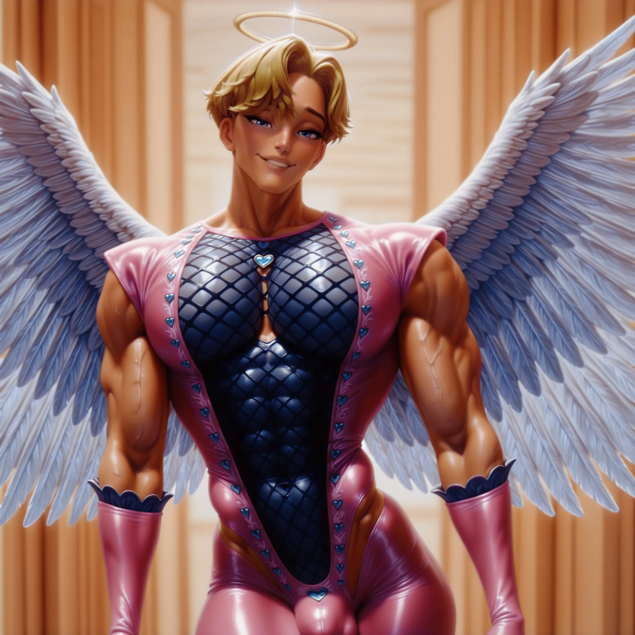 Photo of a man wearing cupid costume, (pink hair), wings, flying, halo, (pink toga robe), armor, (surrounded by clouds), ethereal, (seductive smile:0.6), jewelry, heart, harness, realistic, masterpiece, intricate details, detailed background, depth of field