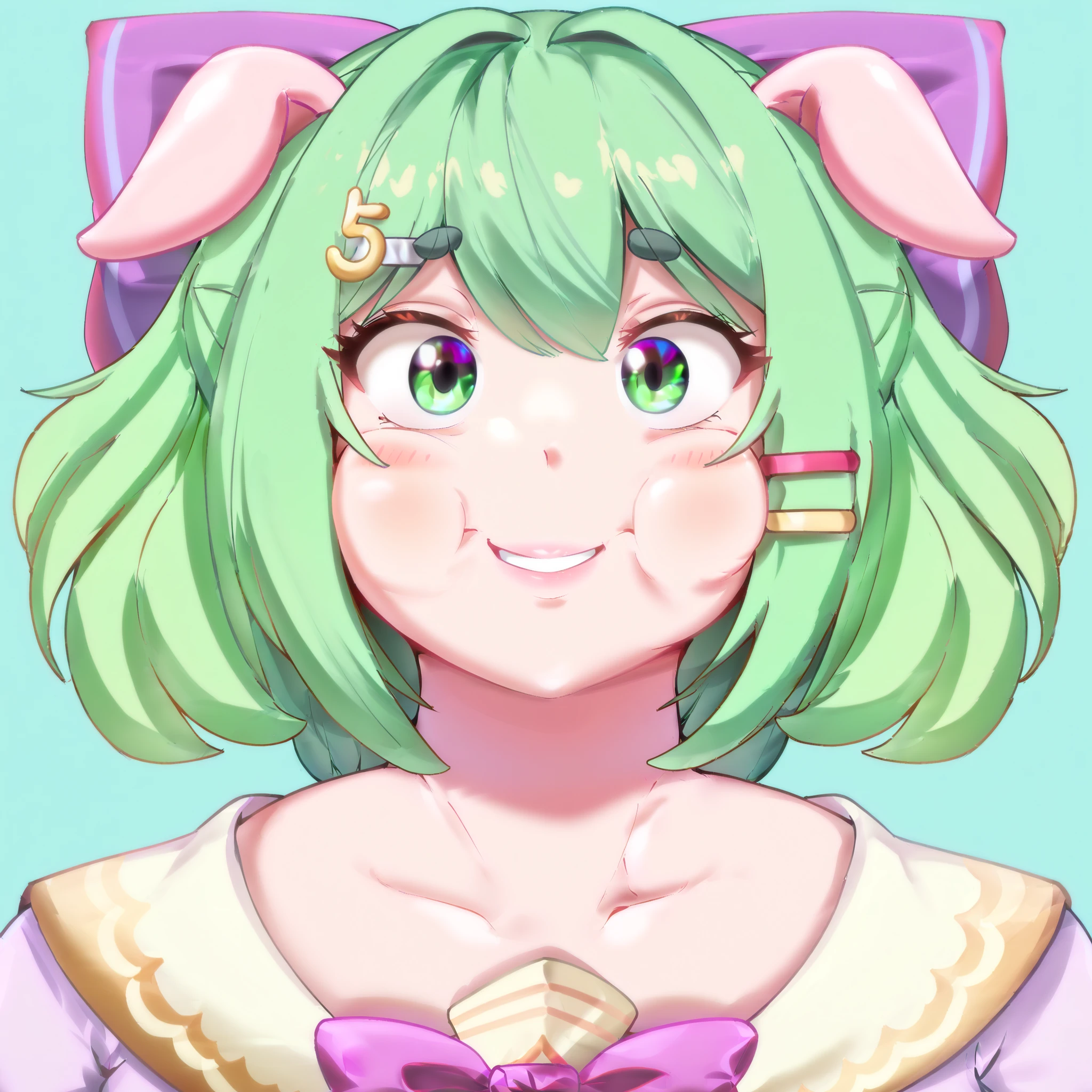 Masterpiece, best quality, high resolution, headshot, close-up, portrait, 1girl, best quality, ultra-detailed, (masterpiece, best quality:1.3), 1female, adult, anime, mature female, smile, age 30-40, curvy, milf, mother, `pig`, `high school pig girl`, solo, short green hair, green eyes, purple bow headdress, hair clips, purple and yellow sailor collar, dorky hair, `pinkish skin`, `cute pig ears`, chubby cheeks, Bow hair, Purple Bow, looking at viewer