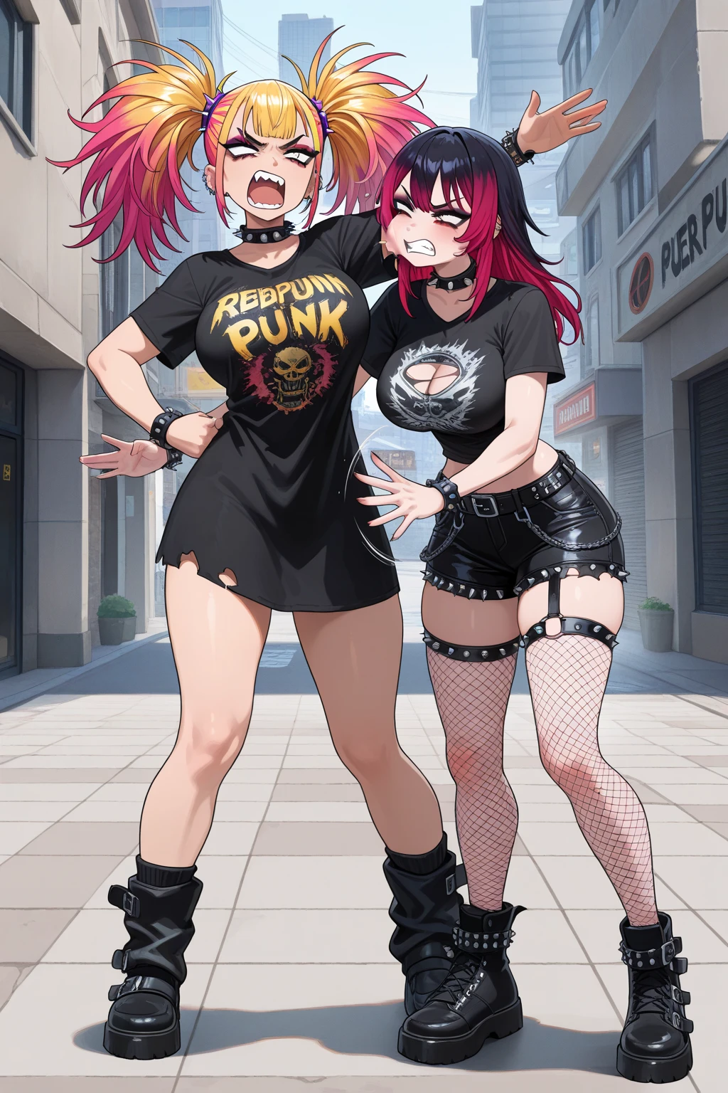 big lips, Brown hair, pink eyes, japanese face, improve, improve grin, two sides up, huge breasts, Wide hips, sexy, detailed, pink room, Hits, (evil smile1.4), kawaii, pleated skirt, punk, GOOD, Pink and black suit, plaid skirt, punk shirt, choker, punk skirt, punk shirt,navel piercing
