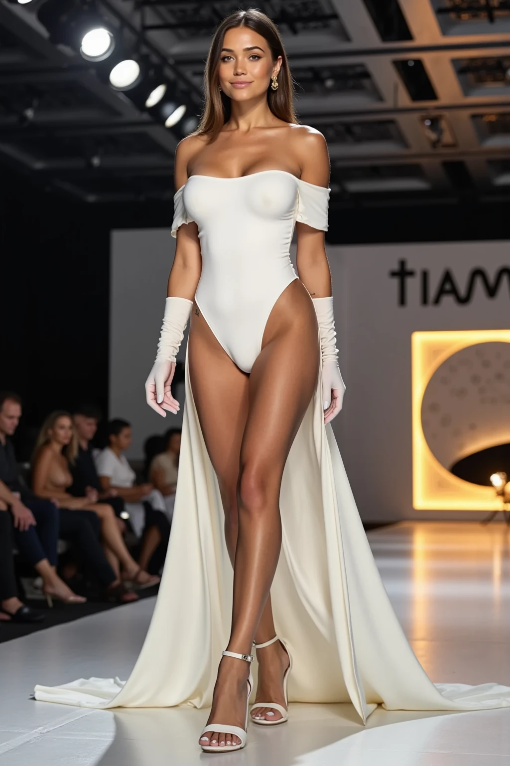 Very professionally taken photo, ultra HD, in the fresh air, fashion show on a long catwalk, fashion "swimwear 2025", pretty haircut, Russian aristocrat, neither thin nor fat, Full length photo, sandals, beautiful long legs, beautiful and detailed fingers, sexy, hot, very beautiful and charming woman, in detail