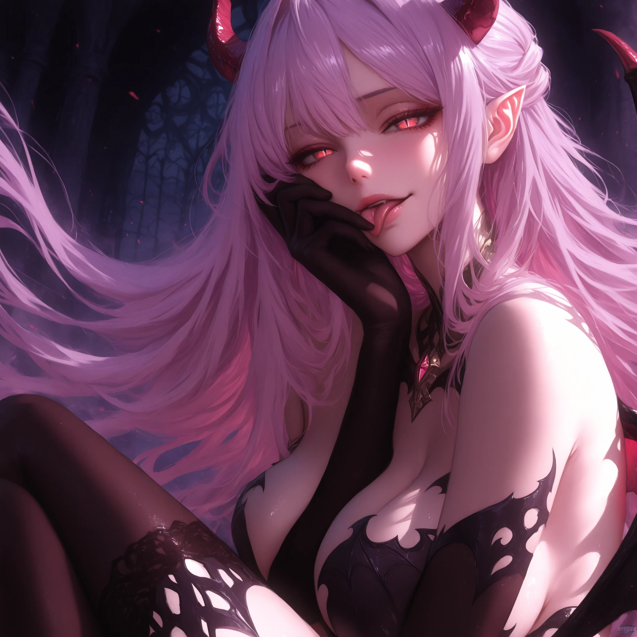 Anime style demon female with long curly lavender hair, demonic goddess, succubus, curvy, thicc, has horns, has small bat wings, elf ears, has a lace outfit with ruffles and frills, pretty dress with a plunging necklace, has gold accessories, cute expression on her face, heart accents on clothing, dynamic pose, perfect eyes, perfect masterpiece, posed with her arms behind her back, solo, alone, (SOLO)(ALONE), wearing lipstick