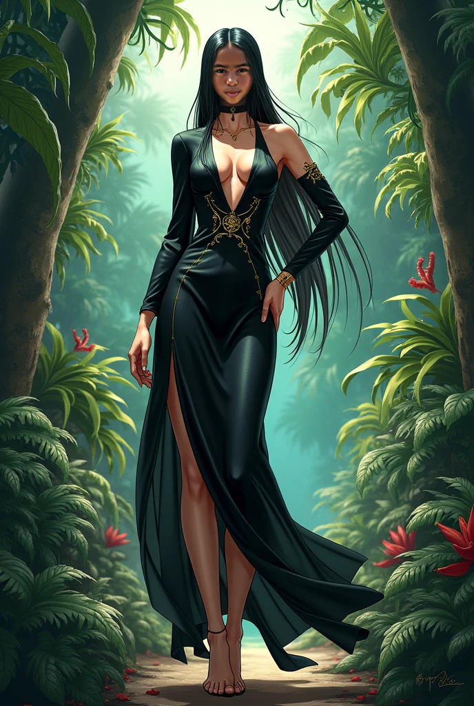 UHD 8k, HDR+, cute brunette female with a necklace, large piercing eyes, huge earrings, giant earrings, her long black hair falls over her shoulders, gold bracelets on the arms, long jet black hair flowing over the shoulders, Black high heel shoes, High heels, Black gothic dress, Against the background of the forest, detailed background, realistic, 1girl, solo girl, 20 year old girl, ultra realistic face, hyperrealistic, hyperdetailed, (looking at viewers), sharpen, detailed face, detailed eyes, detailed lips, red lips, beautiful face, 16k, FHD, raw photo, cute face mesh, pretty face mesh, portrait shot 8 k