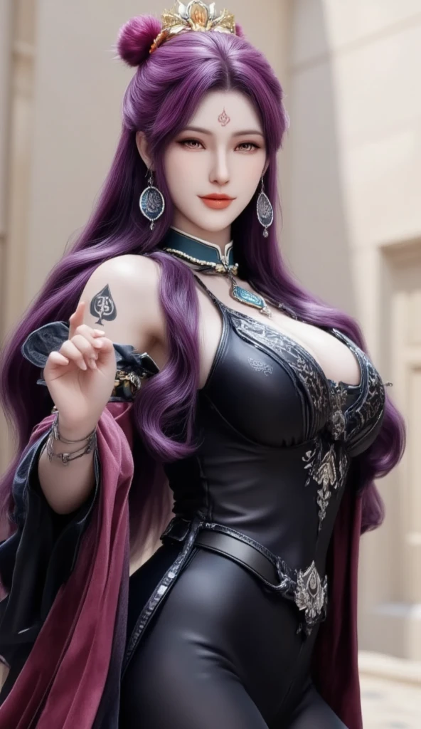 Viking goddess of lust, short dark red dress(fur collar) with silver runes, tiara, big breasts, long open purple hair, bracelets,, rough landscape in the background