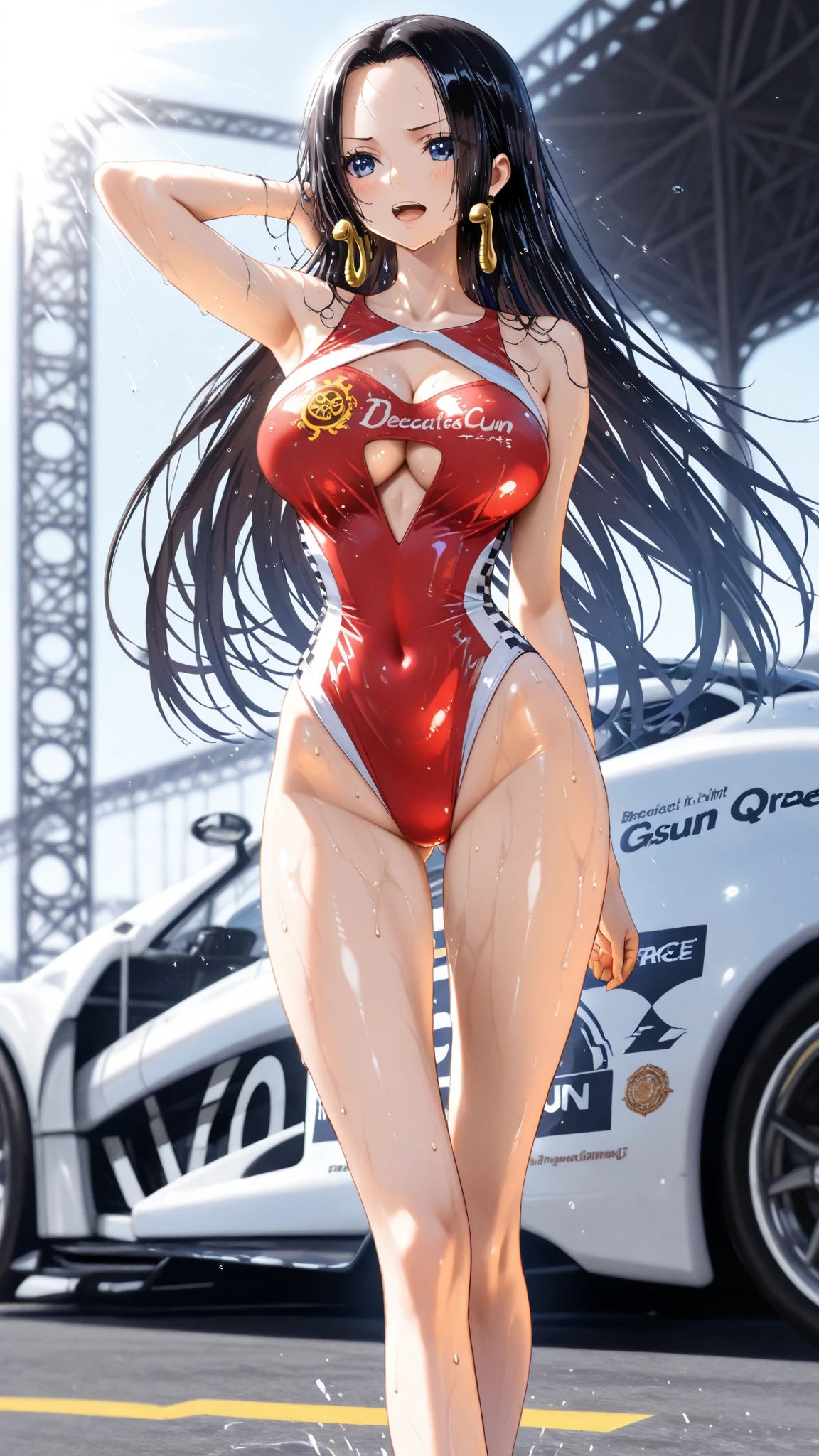 1female，41 years old，熟妇，mature，plumw，extremely large bosom ，Pornographic exposure， 独奏，（Background with：the rainforest，Rally tracks） She has short black hair，Stand on the race car，seen from the front， hair straight， mostly cloudy sky，（（（tmasterpiece），（Very detailed CG unity 8K wallpaper），best qualtiy，cinmatic lighting，detailed back ground，beatiful detailed eyes，Bright pupils，Redlip（Very fine and beautiful），（Beautiful and detailed eye description），ultra - detailed，tmasterpiece，）），facing at camera，A high resolution，ultra - detailed），revealing breasts，Bare genitalia，  Bulge，legs are open，Raised sexy，Camel toes，Flushed complexion，Open-mouthed，frontage，Racers，（Wearing：Sexy red racing suit，on cheongsam，nakeness，Bare genitalia，Running naked，Bare breasts）