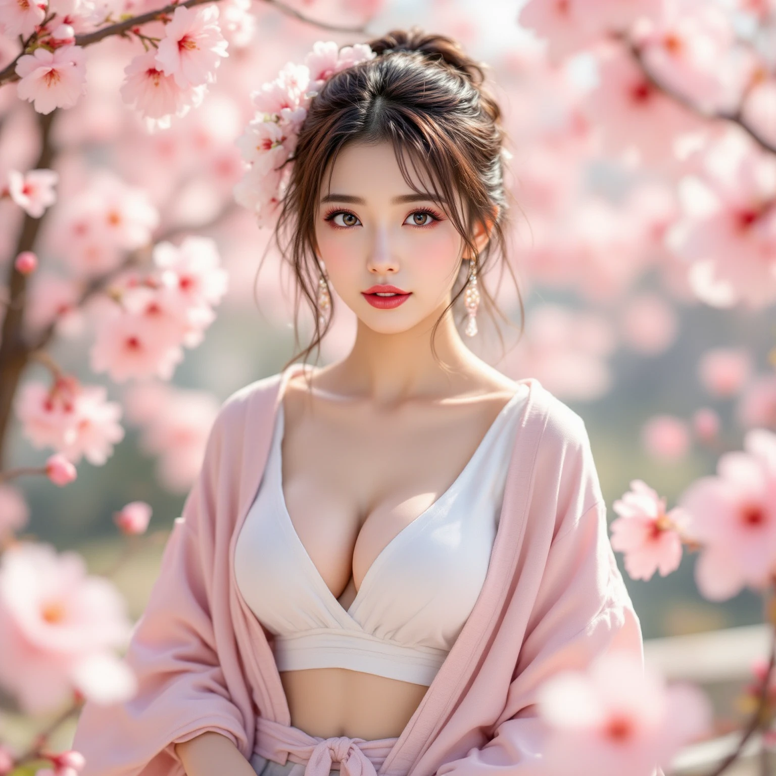 Masterpiece, best quality, 1 girl, delicate, masterpiece, beautiful, detailed, bright colors, delicate lips, delicate face, white skin, showing big breasts, Thai girl, long red hair flowing, blue eyes, sexy pajamas with light and sheer side slits. standing in the middle of the valley mist clouds float by Surrounded by cherry trees and fallen flowers.