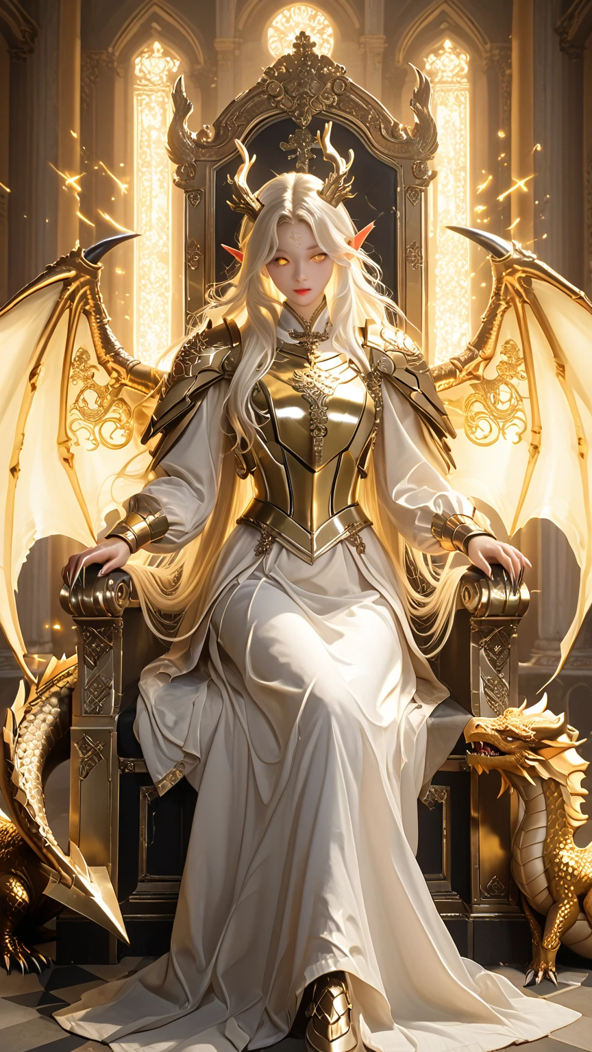 Woman, Golden Blonde Hair, Long Hair, White Battle Dress with Golden Armor, Long Spear shining with heavenly glow, (Sitting on a Gold Dragon), Dragon Companion