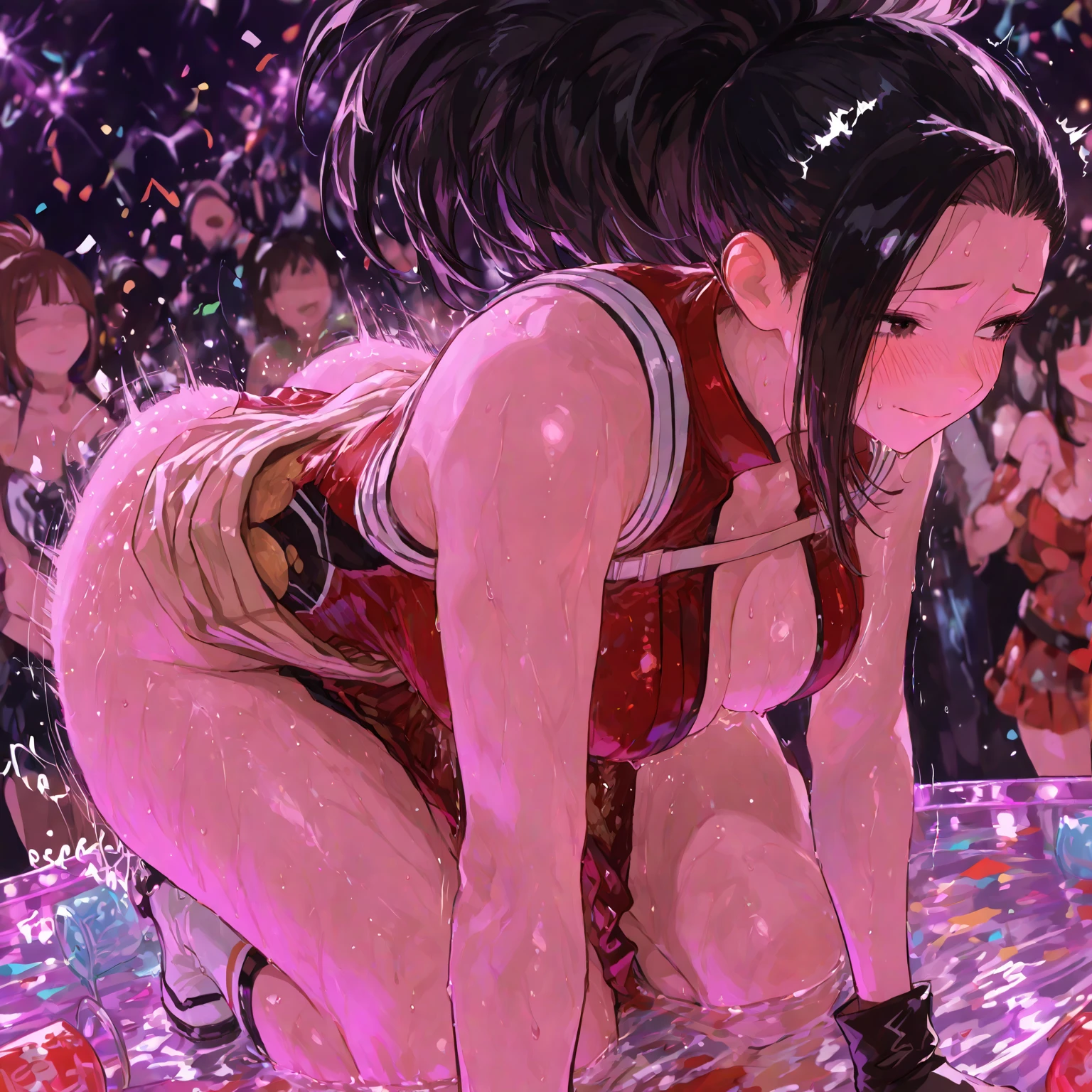 1woman having sex,hyperrealistic,mature woman,standing doggystyle,blushed,flying heart-shapes,shaking effect,black hair,open mouth,saliva,shouting bubbles,curvy body,cheerleading costume,at vulgar nightclub,from side