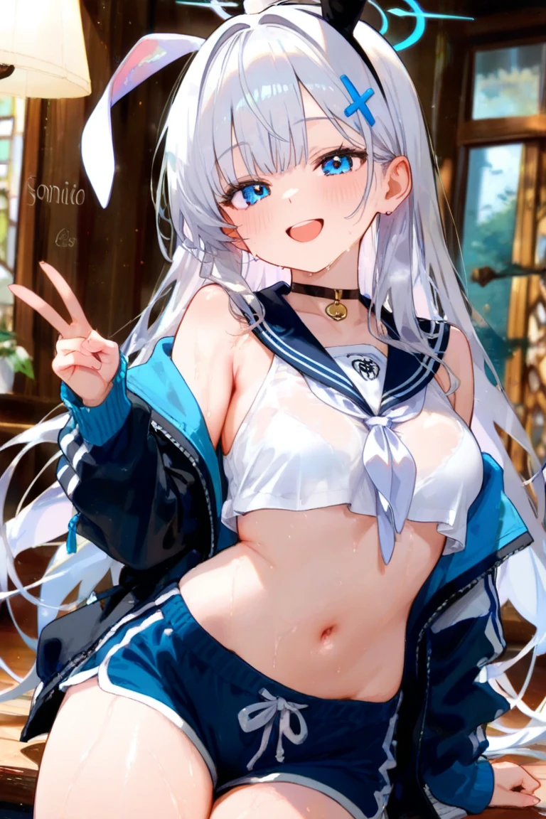 ((Girl in 1))、A masterpice、Detailed beautiful face、Bright lighting、daytime、plein-air、Brighter、Detailed beautiful eyes、high resolucion、Ultra-fine illustration、an extremely delicate and beautiful、最好的质量、The whole body is shown、Squatting、squatting down、(lolita:1.7)、Open both knees、独奏, Adolecente、(White Skin Skin), (has silver hair, short-cut、Bob Hair、Blue eyes),smile on face、Smiled face、Hair tied at the back、Curvaceous, (shinny hair, glossy eyes, shinny skin),   (shining skin:1.2), 、thights、arm behind head、Raise your arms、Armpit、front facing,Pichi Pichi clothes、((The navel is hidden))、pelvis curtain、Armpits、smile on face、black thighhighs、Watch your audience、under-boobs、Black belly、Blushed、the sweat、Jeweled、Parting lips、pantyhose、Blushing cheeks、tiptoes、gloves、Elbow Gloves、Recurve the body
