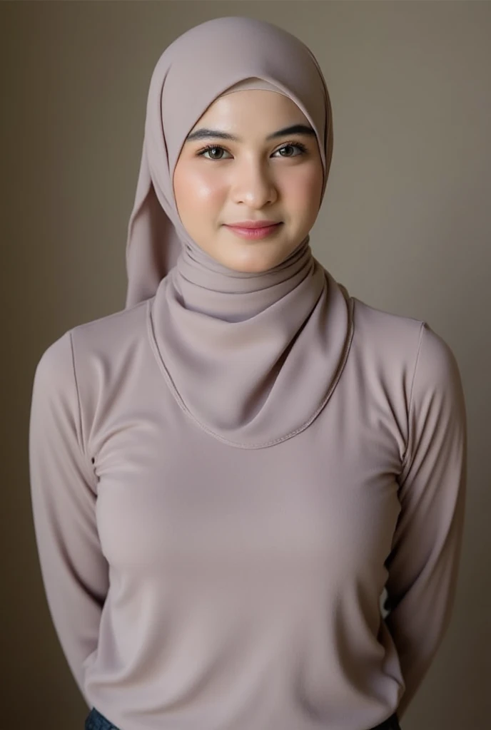 white indonesian woman wearing hijab, very big breasts, nude pose, nude pose, big and nice eyes, smile, best quality. looks doggystyle without clothes