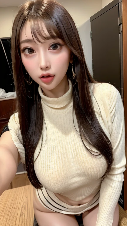 Photorealistic, masutepiece, Best Quality, Raw photo, selfee、1girl in, Solo, Long hair, Brown hair, Detailed face, alluring face, Sweater that kills virgins, medium breasts, Dynamic Pose, Looking at Viewer, From below, Detailed background, fine detailed, intricate detailes, Ray tracing, depth of fields, lowkey, nffsw