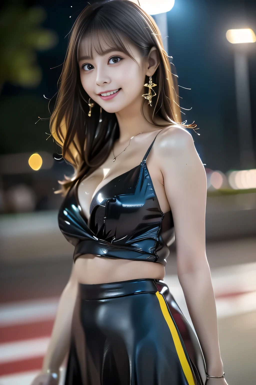 nsfw,Japanese 、leather Tight mini skirt、Open front tops、Leaner figure、Twin tails、choker、Earrings、bracelet、 at night、bustling street、catear,navel is visible,trained abs,smile,bangs,