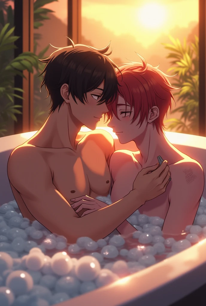 high-level image quality、2boy、barechested、dog ears、Dog tail、swimming pools、Two men enter the pool、Korean style hairstyle、Hugging