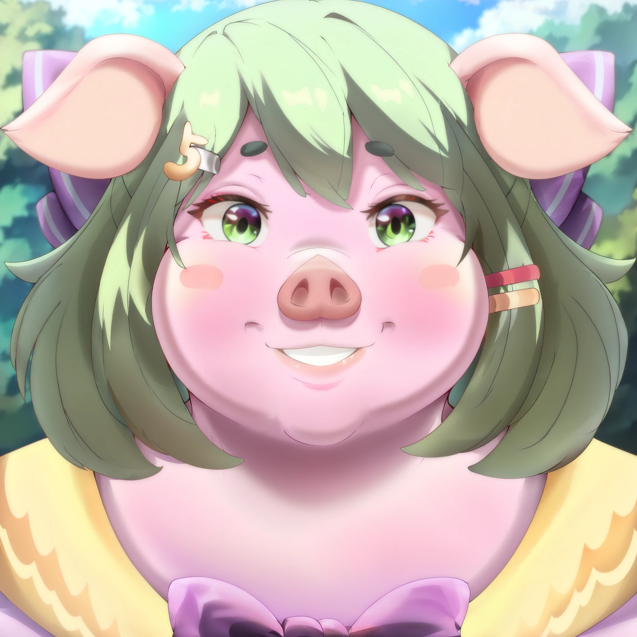 Masterpiece, best quality, high resolution, headshot, close-up, portrait, 1girl, best quality, ultra-detailed, (masterpiece, best quality:1.3), 1female, adult, anime, mature female, smile, age 30-40, curvy, milf, mother, `pig`, `high school pig girl`, solo, short green hair, green eyes, purple bow headdress, hair clips, purple and yellow sailor collar, dorky hair, `pinkish skin`, `cute pig ears`, chubby cheeks, Bow hair, Purple Bow, looking at viewer furry