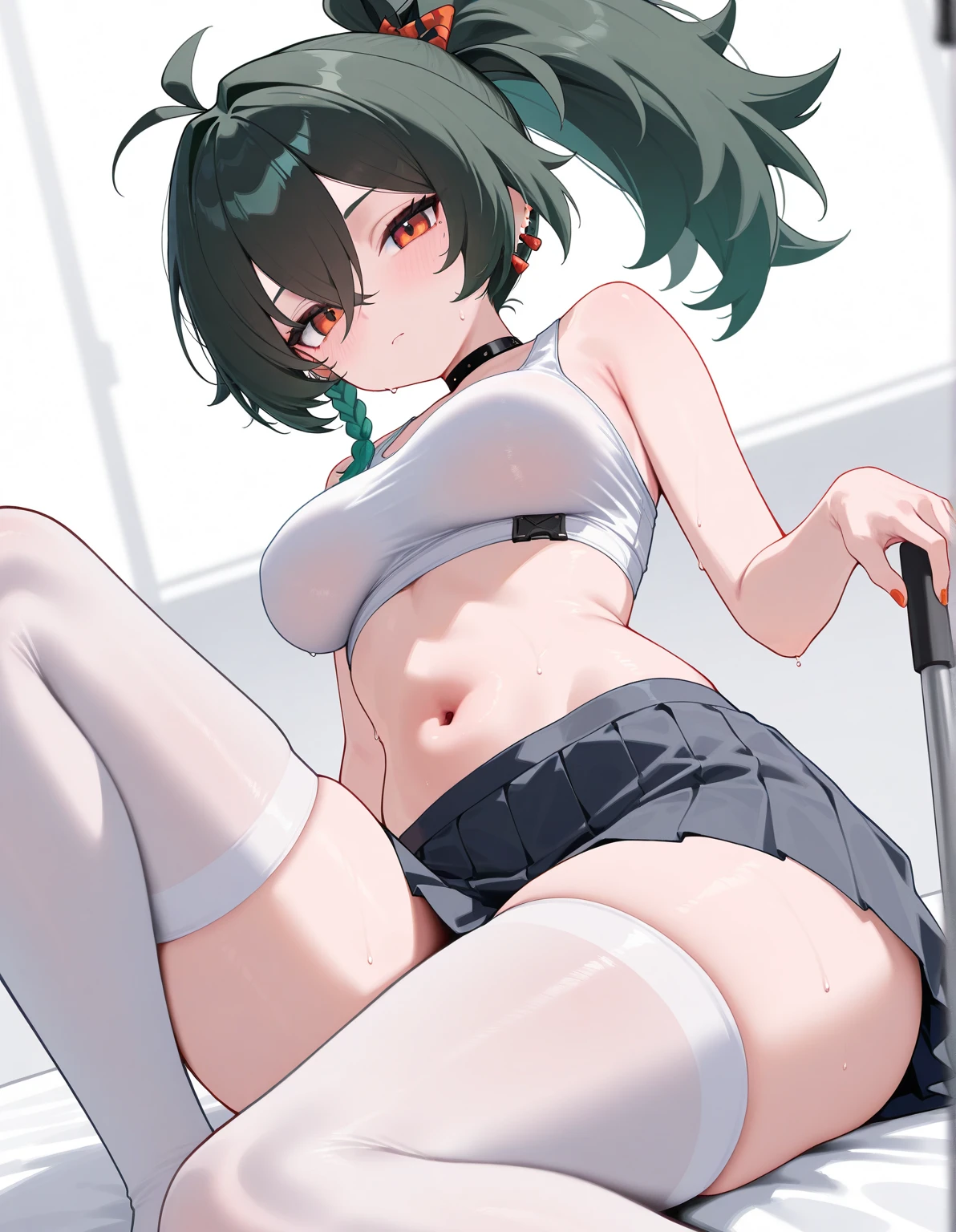 upskirt、gym uniform、nsfw、cameltoe、black kneehighs、black frilled panties、large areolae、large breasts、pointy breasts、aroused、green hair、pink eyes、1 girl、nude、short hair