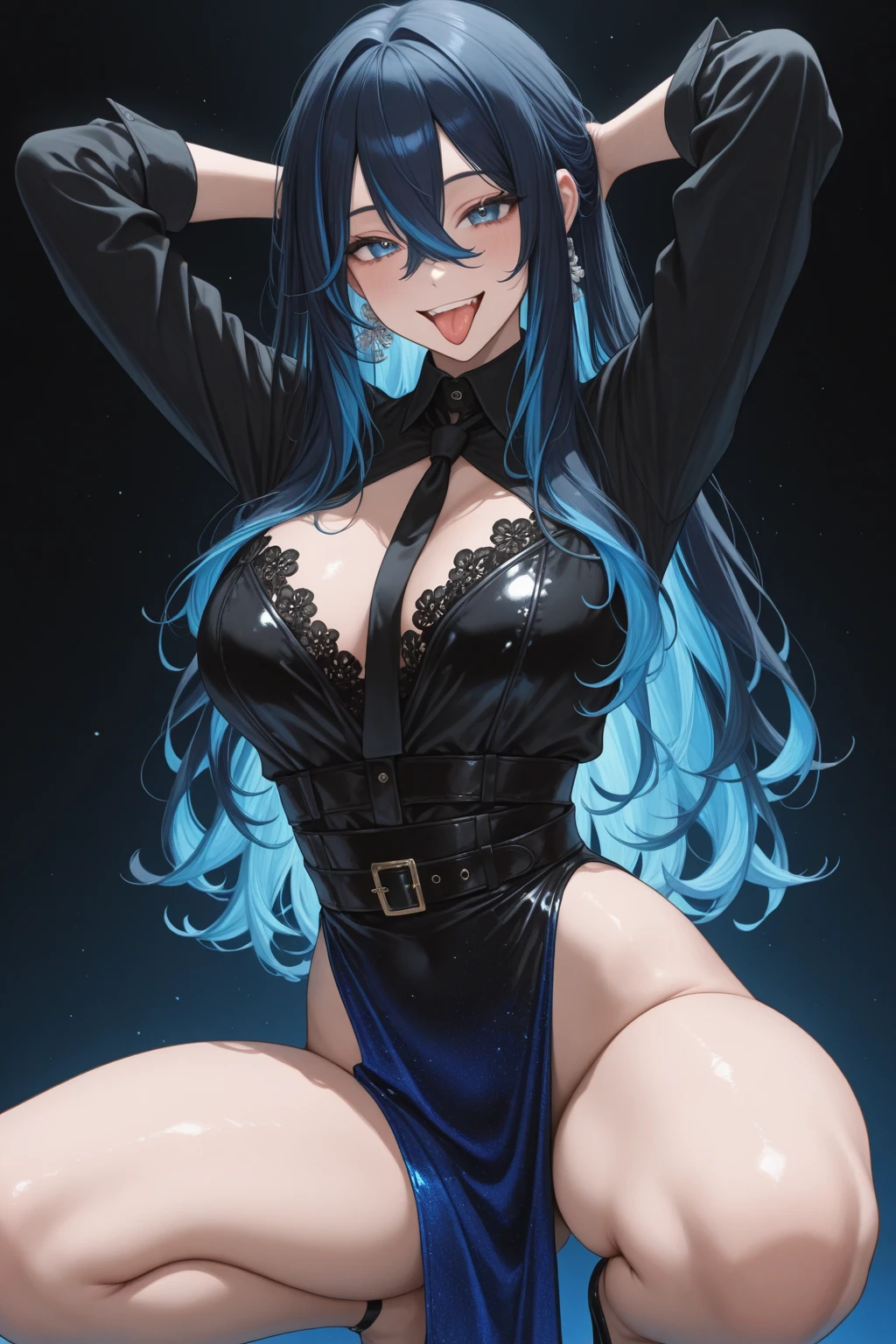 (tmasterpiece, quality, Best quality at best, offcial art, Beautiful and beautiful:1.2)Long blue hair，Refined face，Be red in the face，black rabbit dress up，onesie，Open navel，blackstockings，In the room，Sexy figure，Open-mouthed，Stick out your tongue。a sultry，