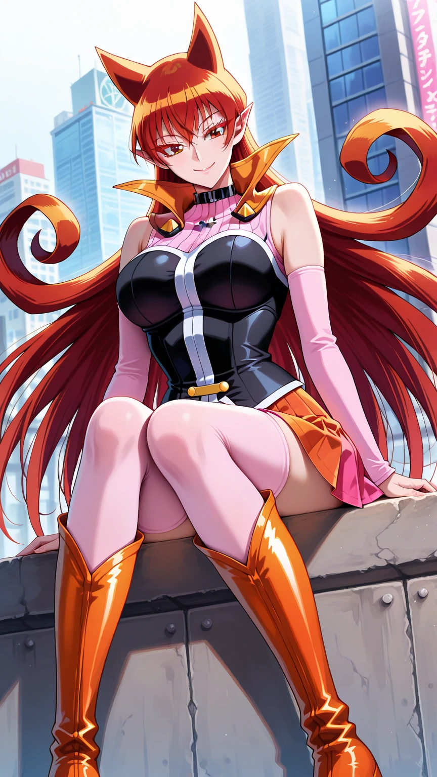 masterpiece, best quality, ultra-detailed, illustration, 1girl, <lora:LinaInv2:0.5>, 1990s \(style\), lina inverse, earrings, gloves, lying, sitting, red-orange hair, red eyes, short skirt, cleavage, bar, confident, sexy, low cut shirt, breasts exposed, seductive look, dark background, dim lighting, suggestive pose, long legs, high heels, provocative, suggestive, sensual, sexually suggestive