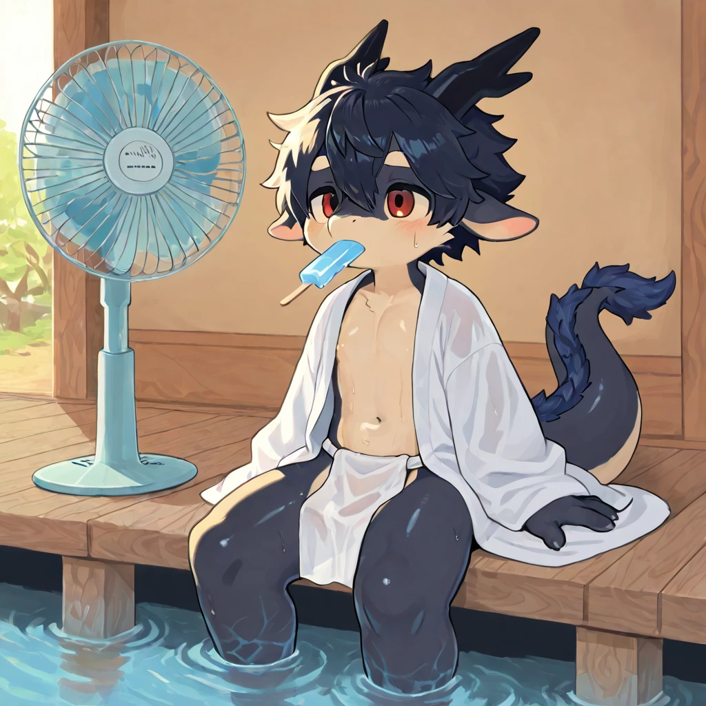 Furry shota, wolf, black hair, long spiky ponytail, blue eyes, detailed body fur, ((goggles, blue hawaiian shirt, open clothes, canine penis)), looking at you, fangs, clear grey body fur, detailed face, big eyebrows, detailed eyes, detailed body, detailed body fur, detailed hands, glistering body, shiny body, skinny, full body, feet with three toes, 3 toes, tentacles, trembling, blush, fangs, ahegao, tongue out, barefoot, tentacle sex, restrained, spread legs,