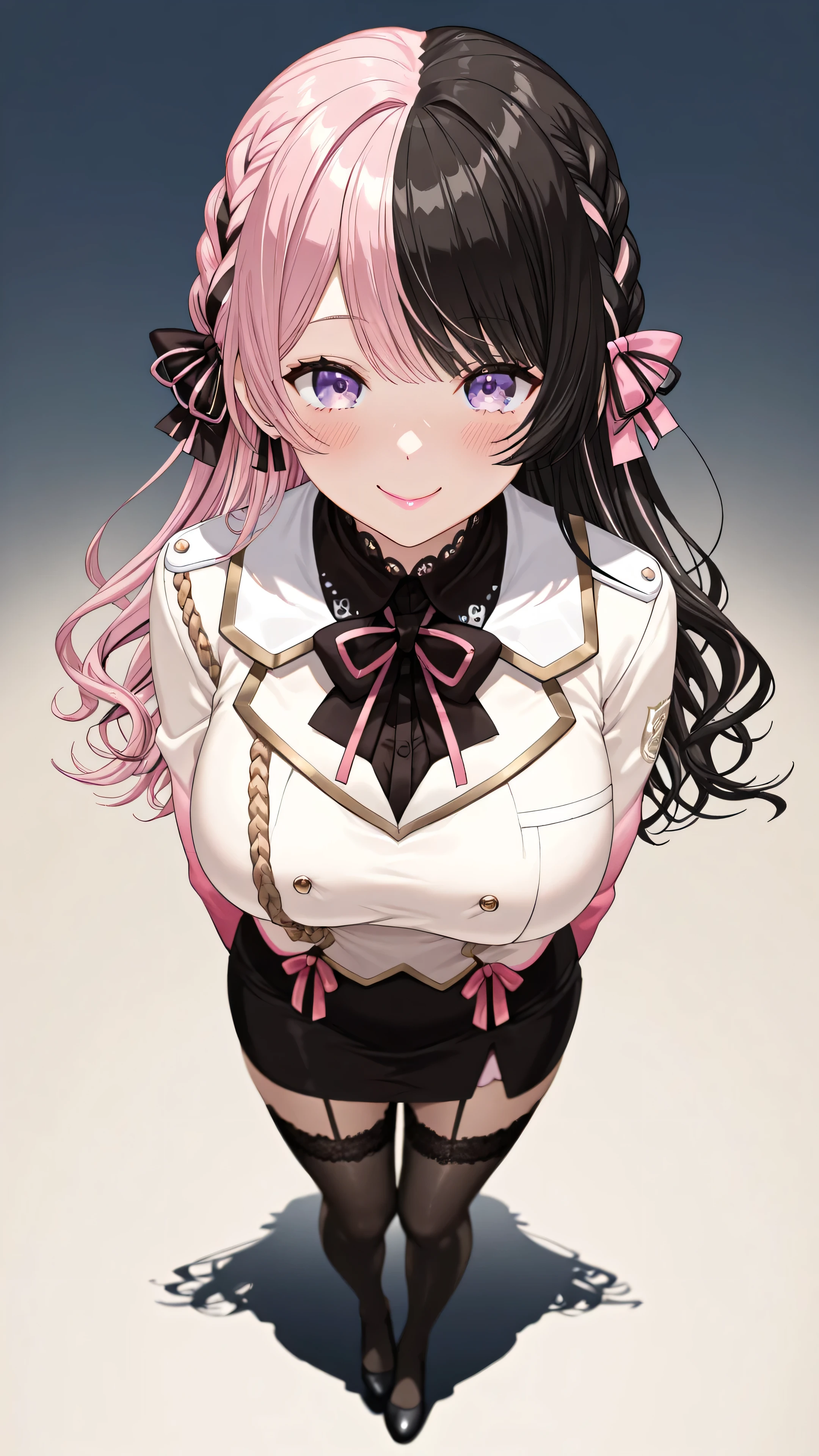 Hinan0, purple eyes, multicolored hair, pink hair, black hair, long hair, french braid, hair bow,(Hinano Tachibana/VSPO),pleasant expression, (top quality,high res,masterpiece:1.2),Blush,Super detailed細,left half hair pink,turn your gaze here、(Best Quality, Super detailed, anime images, game CG, art CG , are photorealistic, cinematic light, perfect shadow, realistic lighting shading, Unity 8k Wallpaper),(Finely Detailed Eyes),((big breasts)),(purple eyes), Bright eyes, Perfect Face, Light Red Jacket,(( Cute 20 Year Old Japanese Woman in Black Stockings )), ((black pencil skirt)), School uniform,(mastepeace), Natural light, are photorealistic, Diffused light, depth of field, ((simple background))、(((Woman's full body))),((Smile Yan)),(pink lipstick)、red manicure,(one woman)