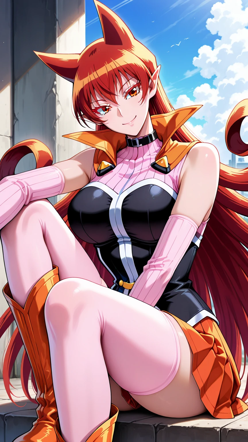 Izayoi (blazblue), orange eyes, red hair, ponytail, long hair, Small breasts, armor, bodysuit, boots, skin tight, skirt, thigh boots, thighhighs, 1girl, solo, facing viewer, looking at viewer, upper body, smile, sitting