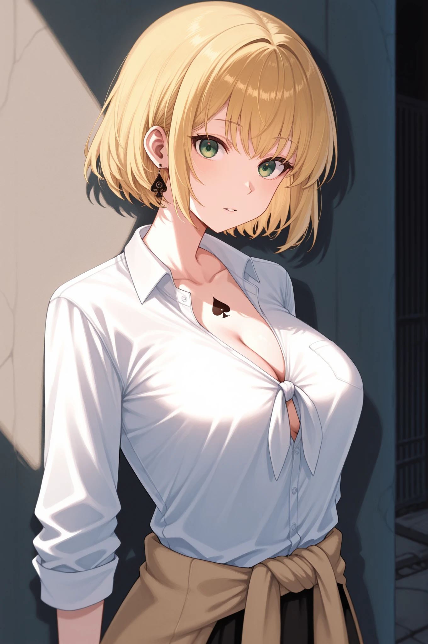 (1girl), (solo), ((masterpiece)), best quality, beautiful, perfect lighting, extremely delicate and beautiful, detailed face, ultra cute face, (high res), ((1girl)), ((solo), ((cowboy shot 1.2)),

 Short blonde messy hair, blue eyes, pale skin, serious look, exhausted, sweat, ((thin)), long legs, thigh gap, slender legs, medium breasts, cleavage, perky breasts, ((tan button up shirt)), (khaki shorts 1.2), explorers outfit, leather belt, 

standing, inside a pyramid ruin, Eygpt, (hieroglyphs on the walls),