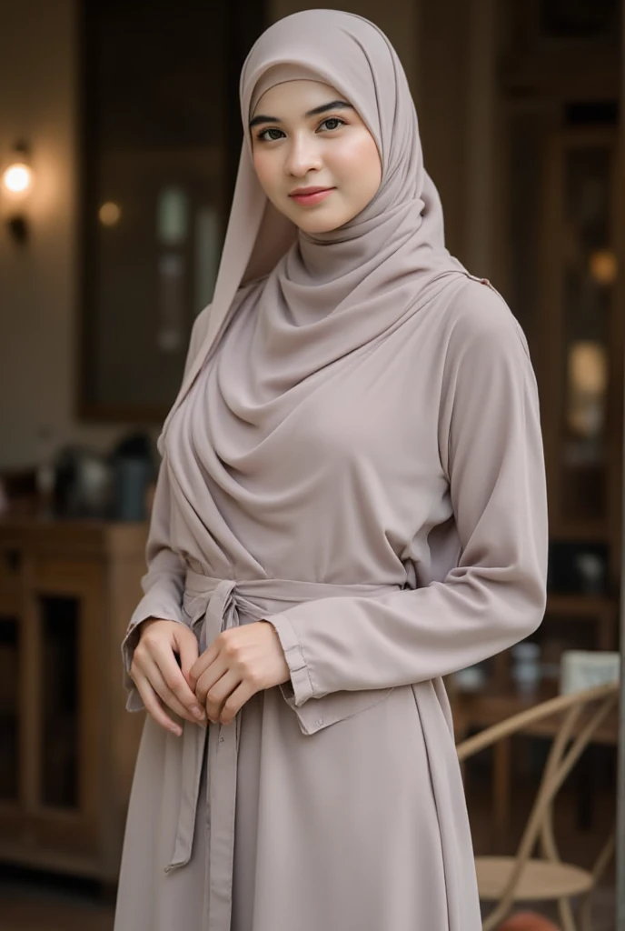 Malaysian hijab . sexy pose. Long maxi dress. big breast. Bokeh 200mm shoot. at garden . Half body portrait. 