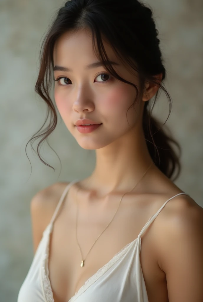 Tabletop,(Highest quality, masterpiece:1.2), Very detailed, High resolution, 8k wallpaper, Perfect dynamic composition, Fine and beautiful eyes, Long Hair,Small breasts, Natural color lips, Bold sexy pose, A shy smile, 20-year-old, Cute Woman, Cute Style, Tokyo, sexy shot looking at camera, Feminine Fashion, Summer Fashion,Hairstyle Ponytail,Show off your breasts,Cross neck dress,My chest opened up,