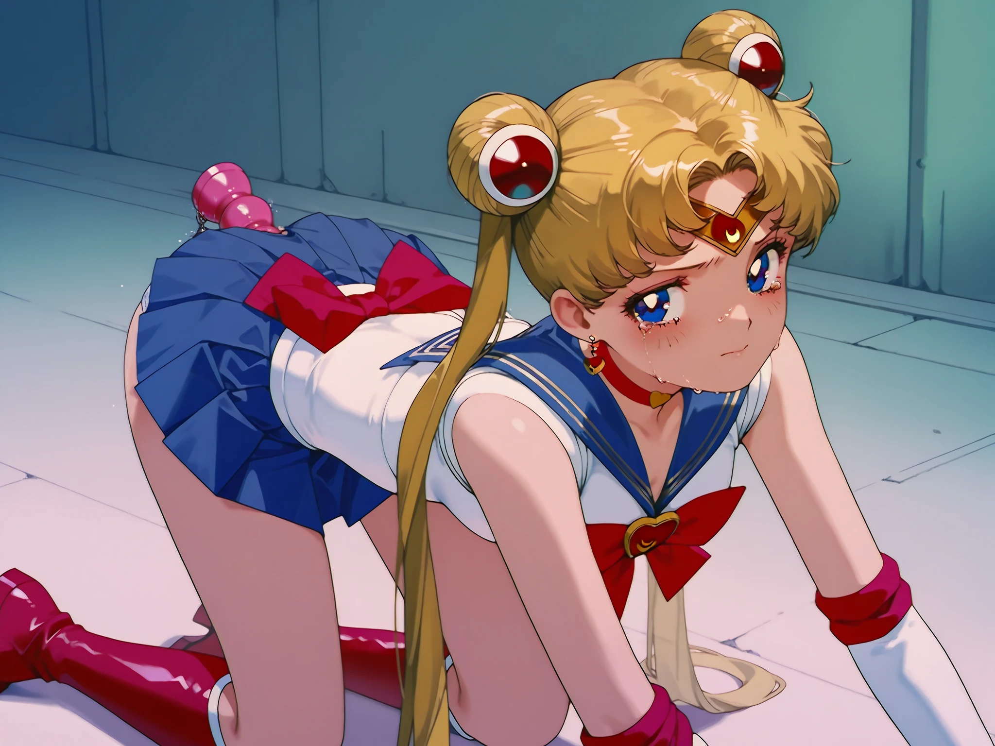masterpiece, best quality, absurdres, perfect antomy, 1girl, solo, SMMoon, 1990s \(style\), sailor chibi moon pink hair, pink pupils eyes, sailor senshi uniform, magical girl, pink eyes, Pink skirt, elbow-length gloves, tiara, pleated skirt, bow for hair, pink hair, twintails, pink sailor necklace, miniskirt, choker, red bow, Pink choker, white gloves, jewelry, earringsass with a micro thong, very sexy , nice ass. (LYING ON HER SIDE ON THE FLOOR) ASS UP