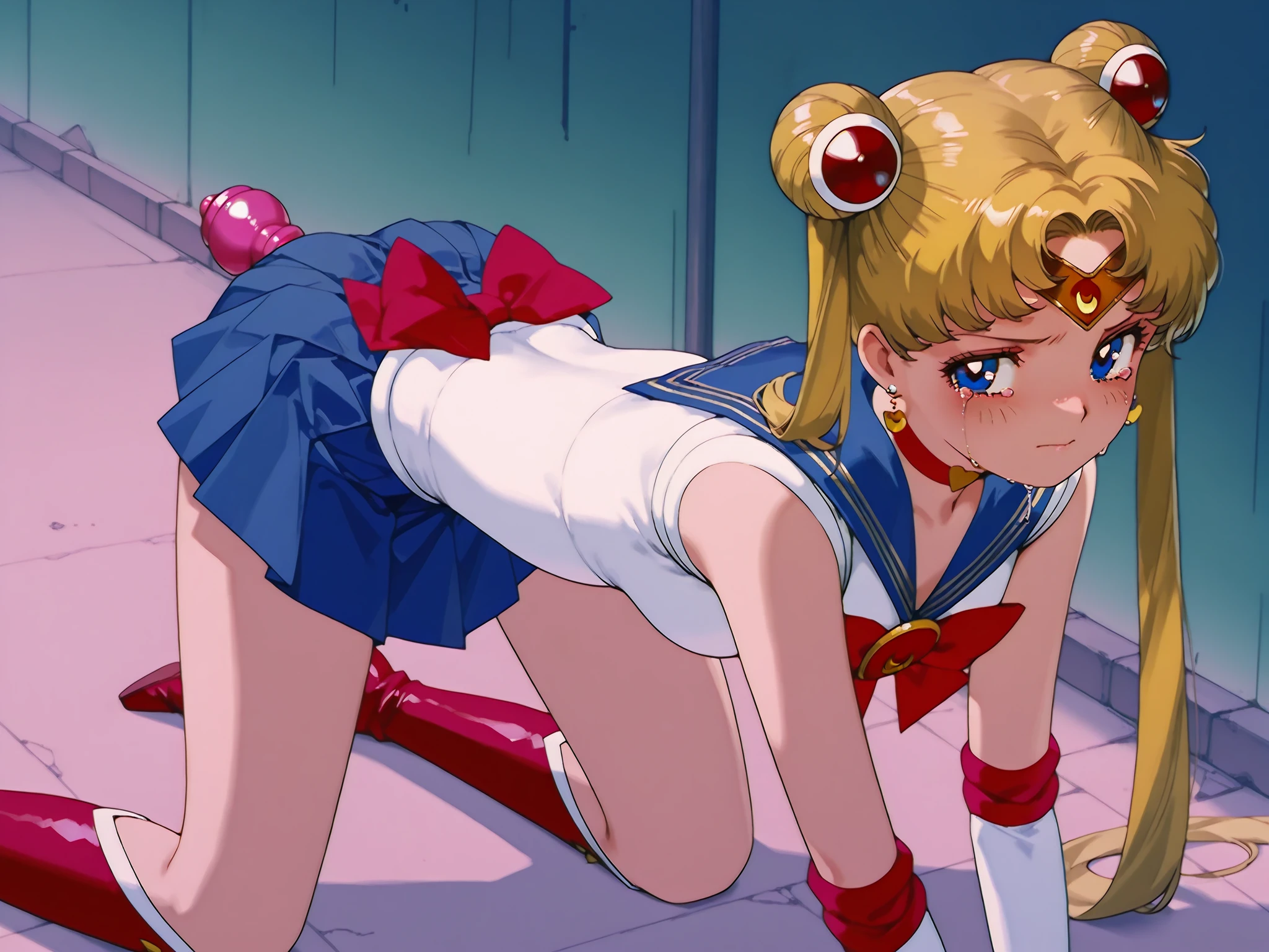 masterpiece, best quality, absurdres, perfect antomy, 1girl, solo, SMMoon, 1990s \(style\), blonde sailor moon, standing, smile, cowboy shot, sailor senshi uniform, sailor collar, blue skirt, elbow gloves, big booty, ultra mini skirt , jewelry, earrings, lying on her side on a bed, showing her ass, ass with a micro thong, very sexy , nice ass. (LYING ON HER SIDE ON A BED)