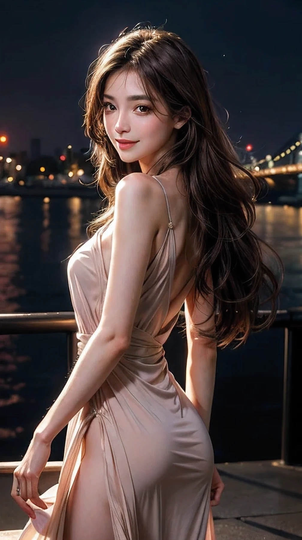 (masterpiece, best quality), (absurdres:1.2), (photorealistic:1.4), RAW photo of beautiful girl, long hair, slim, dress, night city, looking back, bokeh, sharp focus, BREAK (ultra detailed, ultra sharp, ultra highres, 8k:1.2)