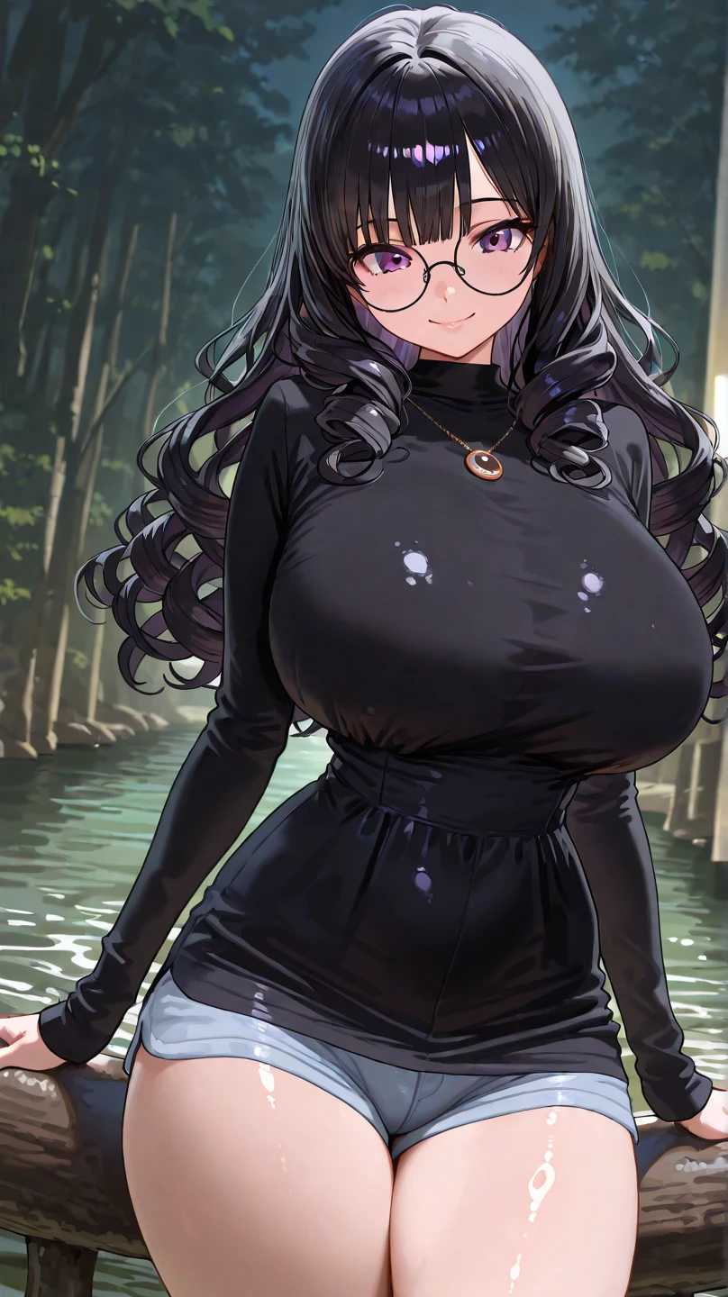 (masterpiece, best quality, ultra-detailed, intricate), view from front, cowboy shot, black hair, blue hair, wavy hair, brown eyes, giant breasts, pawg, sexy, skinny figure, voluptuous figure, circle glasses, (black lipstick), lashes, eyeliner, black choker, black frilly dress, short skirt, corset, fishnets leggings, visible legs, shiny, outdoors, expressive eyes, confident pose, on knees, sitting, legs spread apart, anime style, detailed background, creek, stream, pond, nature, woods, sunlight, vibrant colors, clean line work, strong highlights, soft shadows, glossy finish, realistic textures,