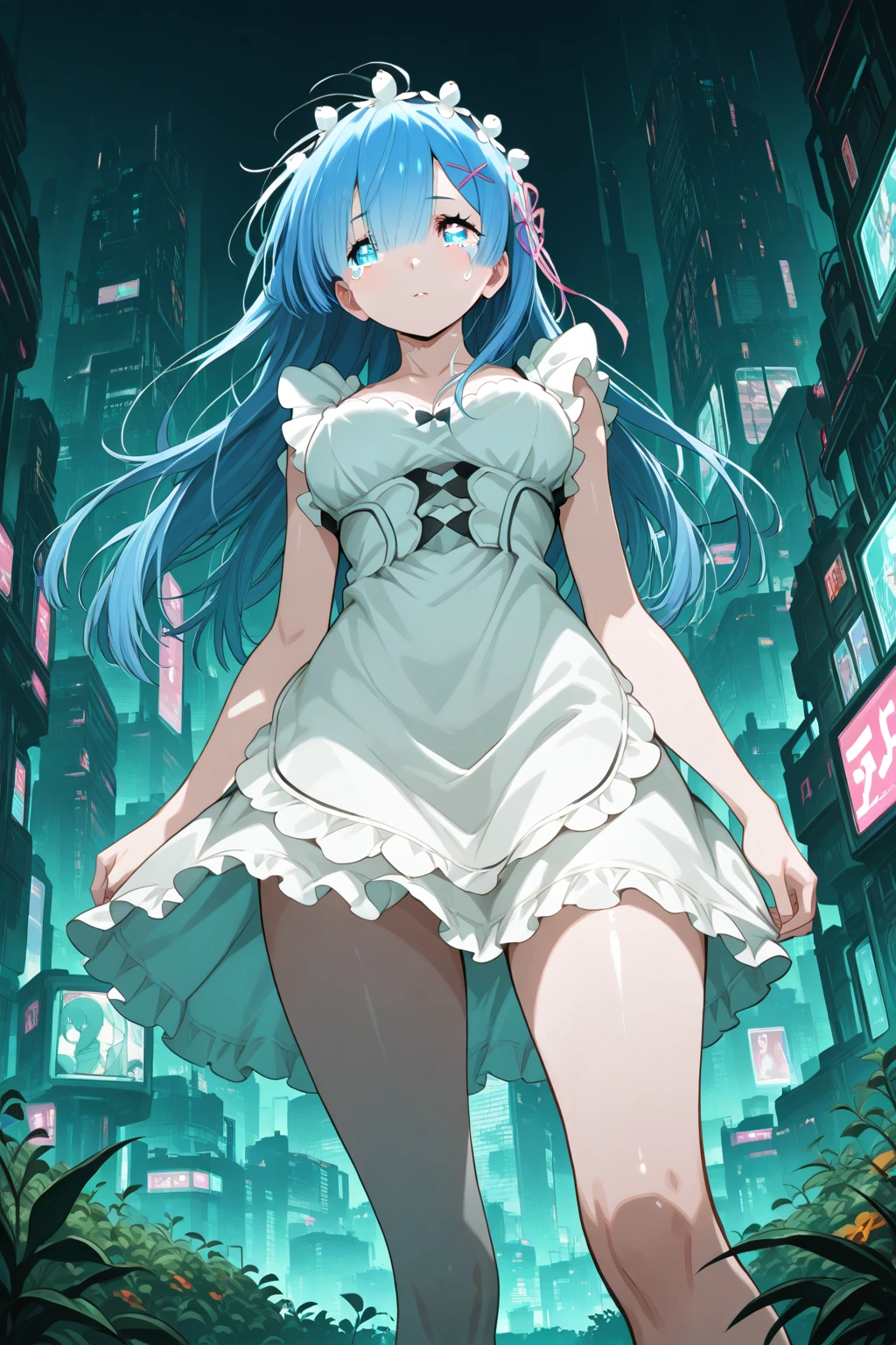 16K, High resolution, RTTX10.0, Ray Tracing, Natural light, Absurd, Top quality masterpiece, Perfect anatomy and highly detailed face, fine grain, One Girl, alone, , White tank top, (((Torn blue shorts))), Natural pose, Beautiful Hair, so beautiful, Edgy, Nice, Evil Aura, the wind is strong, Glowing Eyes, dystopian city, Futuristic, Detailed Background, Awards, Neon Light, It was a hot topic on Art Station., Eating a cream-filled pastry, (((Sticking out tongue)))