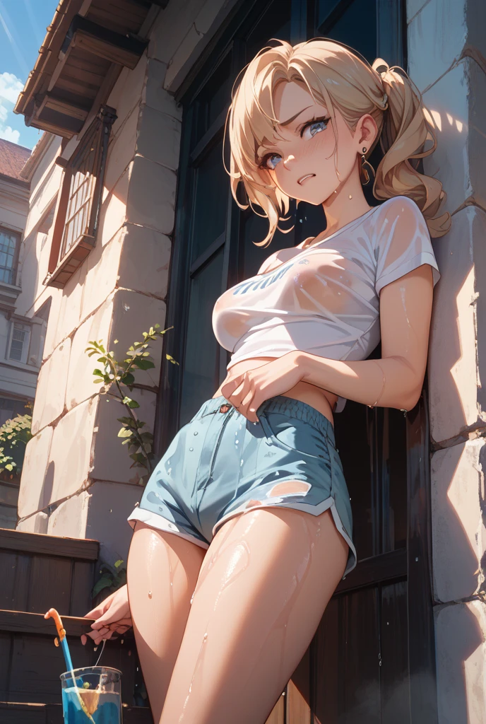 Girl Doll,Solitary,rest,((Looking up)),(The zipper is not closed),Blonde,elegant,Pointed ears,whole body,Chinese element pattern,thigh,(((Leaking thigh))),full,Transparent openwork,Deep V,(triangle denim shorts),stocking,leggings,(Brushstrokes,Impressionism,painting,Rich scenery),Disheveled,Chest contour,(((Wet clothing))),(((Ultra-thin clothing))),((Flesh outline)),Grinning