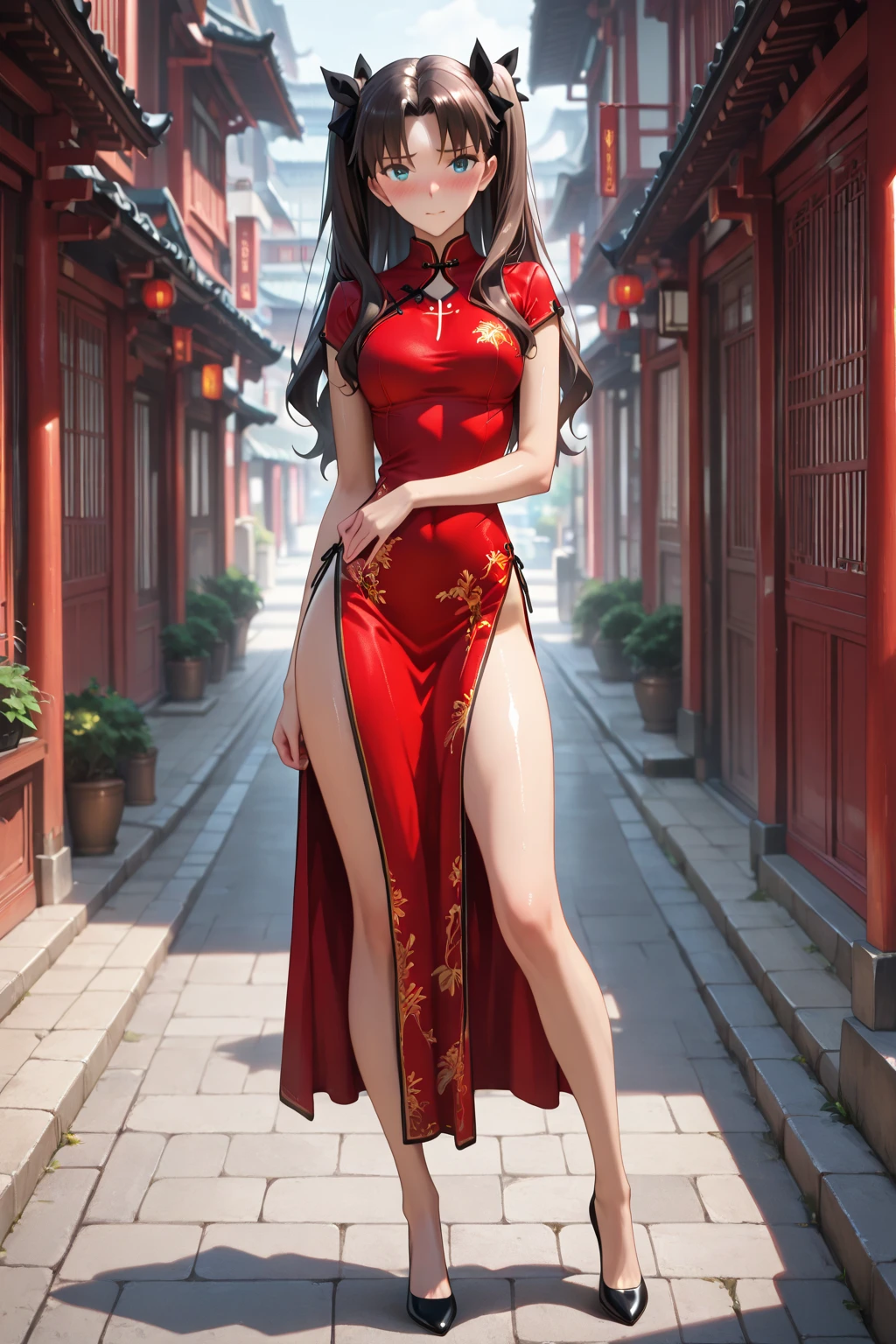 masterpiece,Highest quality,High resolution, One Girl,From below,(非常に細くてstraight legs)，,(とてもLong legs，straight legs),,High heels,Long legs,Stand on your own two feet, 正面から見たLong legs, Perfect body,Has perfect legs,(exterior)，welcome，The fairy wind dances，Beautiful Eyes，Attractive eyes，The costumes are detailed，Detailed depiction of the face，Choker Necklace，masterpiece，As close to reality as possible，(Beautiful embroidered Chinese dress 1.3)，(Wearing a Chinese dress)，(Cherry blossom tree background) 