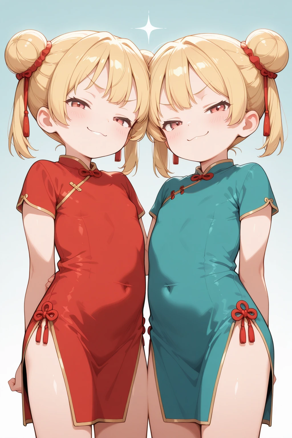 20-year-old,1 girl、cute、blonde、cleavage cutout、(blondeレス:1.3)、(crop top belly button:1)、Glowing Skin、Twin tails、Twin buns、Red ribbon on head、Long Hair、Light green ruffled Chinese dress、From the waist up、Delighted、Pink border、from the front、bouquet、ass pov、