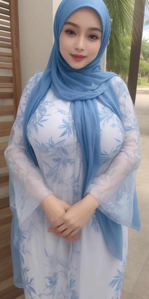 ( Close Up), RAW, Best quality, high resolution, masterpiece: 1.3), beautiful Malay woman in hijab, Masterpiece, perfect plump body, (big breast), big gorgeous eyes, Soft smile,thick thighs, beutifull face, woman sitting in a pantless is walking down a sidewalk, short pale blue outfit, pantless, very beautiful style, modest, light blue and white tones, intricate outfit, beautiful detailed elegant, white and pale blue toned, bluish and cream tones, pantless, white and pale blue, well - detailed shortb outfit, modestly short dressed , Excellent lighting, Bright colors, Clean lines, seducting pose 