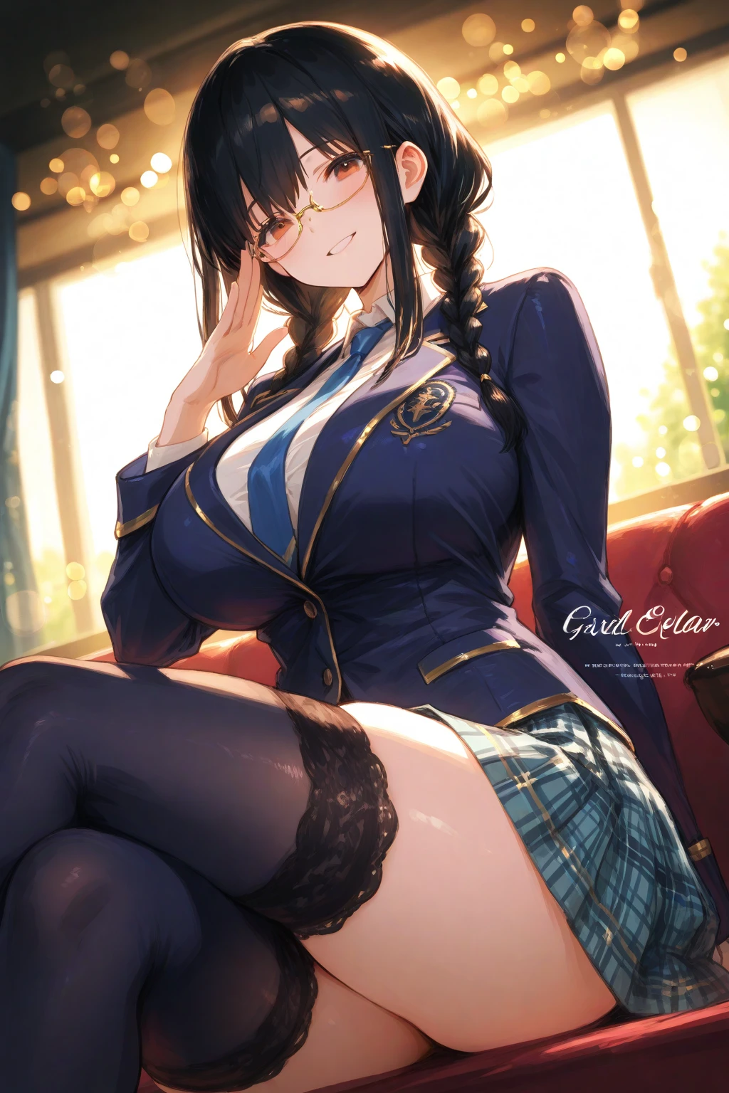 ((Tabletop, Highest quality, High resolution, , Pixel Perfect, 4K, ))), Beautiful woman,, alone, beauty、The whole body is visible、 (((Sexy Witch Cosplay), Long dark blonde wavy hair、Off-the-shoulder jacket, Dark blue flared skirt、Black knee-high stockings、Gold Hair Ornament、Gorgeous necklace、Earrings、, bangs, Brown Hair)), ((Brown eyes, Beautiful eyelashes, Realistic eyes)), ((Detailed face, Blushing:1.2)), ((Smooth texture:0.75, Realistic texture:0.65, Realistic:1.1, Anime CG Style)), Center of chest, Dynamic Angle, Perfect body, ((,)), Showing cleavage、On all fours、Very embarrassing panic smile, 、Big Castle Library、Sitting on the floor、Big magic book on the desk、look up、Cute shy smile、(Stick your butt out、、Nipples are slightly visible、Pink lace panties are slightly visible、)、Angle from below