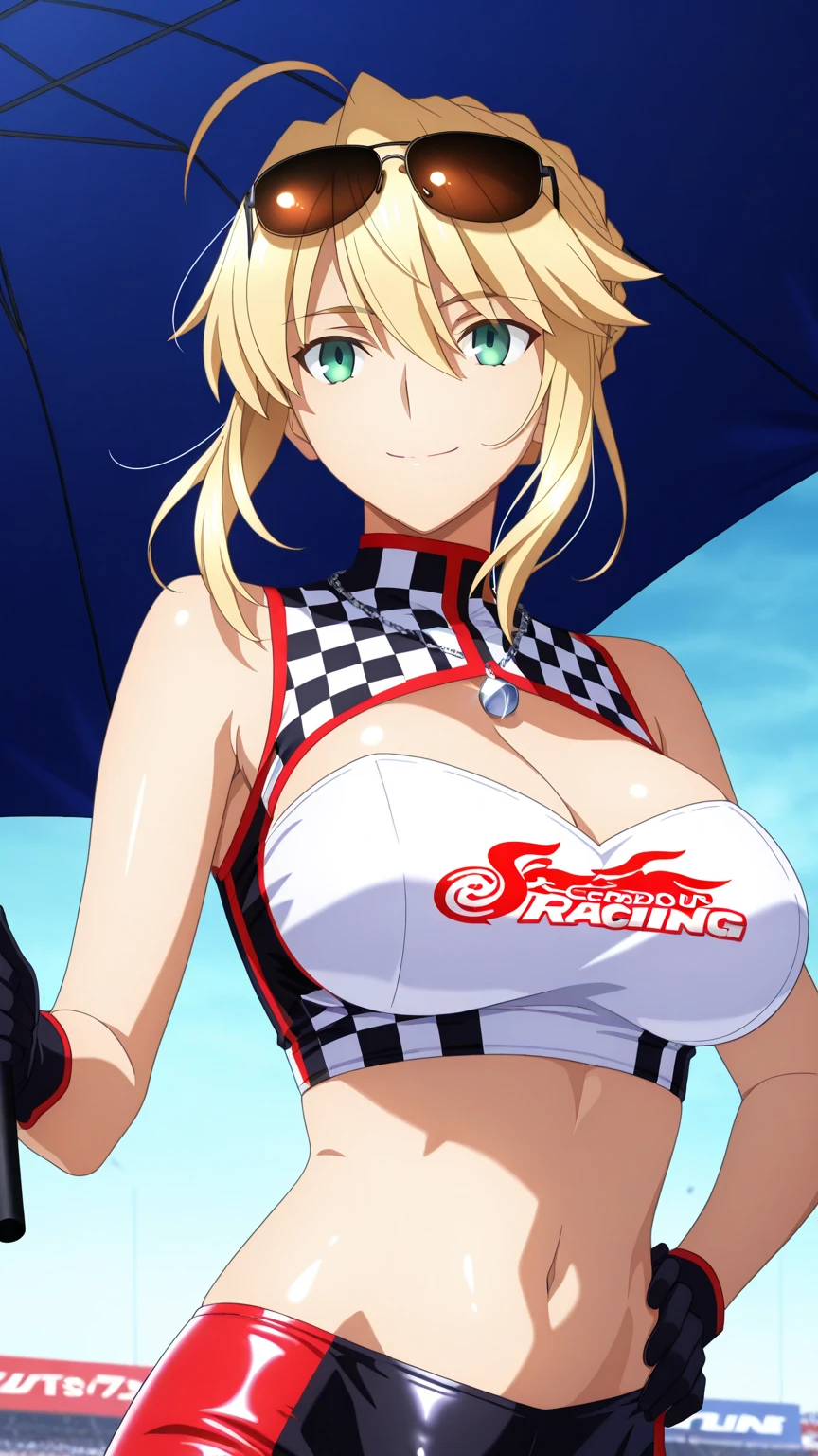 A woman wearing a race queen costume, leather boots, big breasts, smiling, holding a bar with a flag, standing on a race track, with a wide view of the lawn, blonde hair,short hair, hair with red bangs, multicolored hair, smiling, brown eyes, black racing car with red details on the back, perfect racing car. UHD , prime work , accurate , anatomically correct , textured skin , super details , high quality , best quality, 8k, high resolution, bokeh effect. (woman alone), close view.
