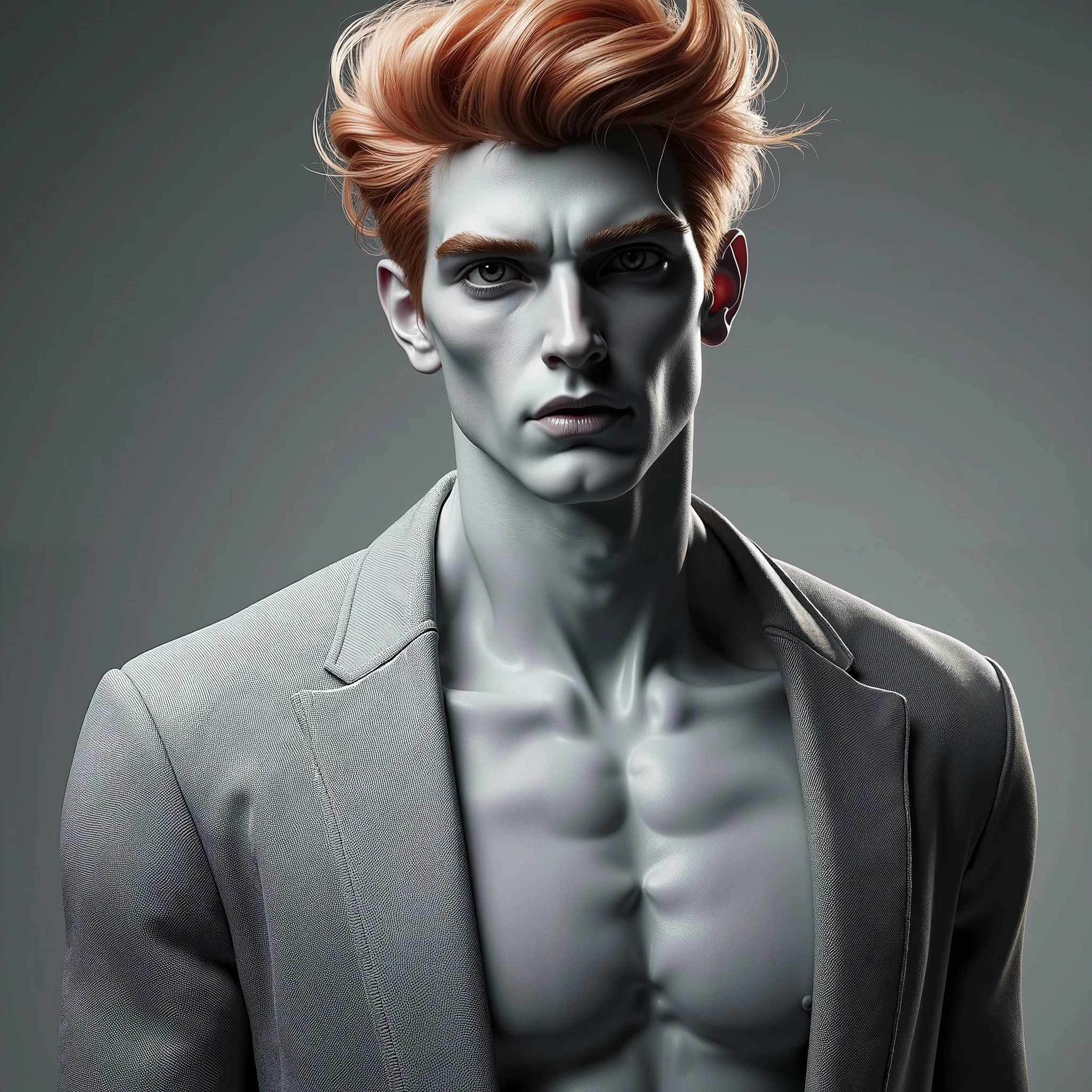 (8k, RAW photo, best quality, masterpiece:1.2), (realistic, photo-realistic:1.4), ultra-detailed, (high detailed skin:1.2), (asian) pale skin, white and red hair, handsome 1man, half body shot