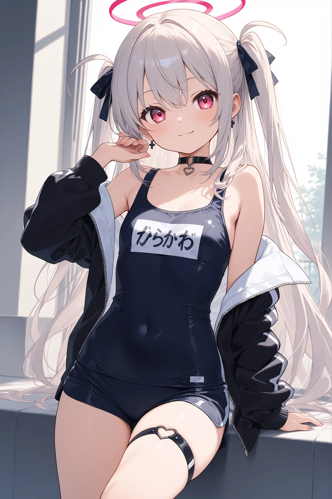 masterpiece, best quality, ultra detailed,,1girl, blush, sweat, hair ribbon, twin tails, ((school swimsuit)), pantyhose, dark skin, slender