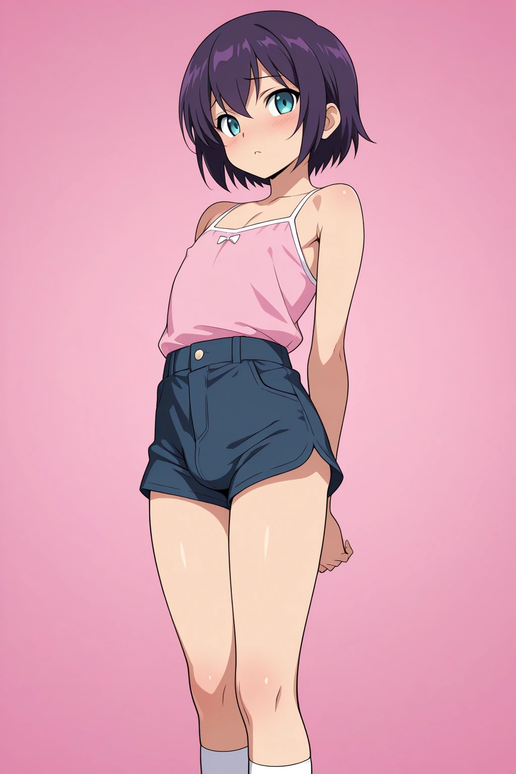noodles (Gorillaz), masterpiece, best quality, solo, blue hair, makeup, bangs, short hair, black eyes, small breasts, blush, sexual expression, panties, jeans, unzipped, black and white striped knee socks, blush, lying on stomach, detailed