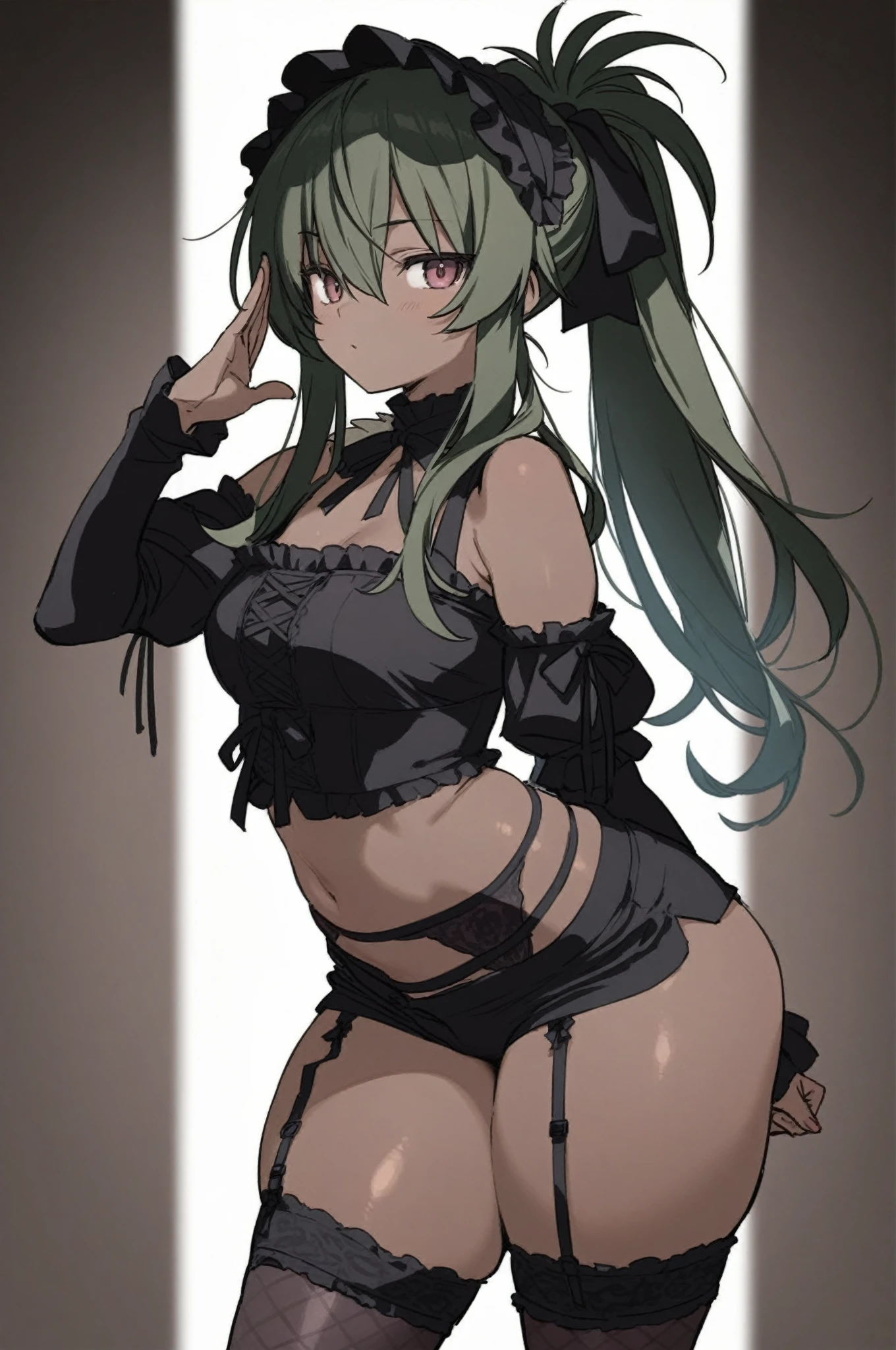 ubel,((ubel of Frieren: Beyond Journey's End )),dark green hair,long hair,side ponytail,hair between eyes,bangs, (beret, black jacket, open clothes, cleavage, midriff, black shorts, black thighhighs, thigh strap, fingerless gloves, single glove:1.2) , (dynamic angle:1.3, front view:1.1, breast focus:1.3, from below:1.2), (dynamic posing:1.5, sexy posing:1.2, leaning forward), (seductive smiling:1.3),(*K) HD, highest quality, WorKs of masters, High resolution, spread legs, panties shot,1 girl, small nose,(with sparkling eyes and a contagious smile), very beautiful detailed face and eyes, bright colors, cute face, delicate beautiful face, Bright magenta eyes, cute eyes, sparkling eyes, Big eyes, (big breasts:1.3), (perky chest:1.1), (pointed chest:1.0), medium hips, glamorous body, white skin, smile, thin pubric hair, shiny hair, super beautiful face, Super beautiful eyes, Super beautiful hair,trendy outfit,sexy and attractive,explosion of colors,big hairpin,full body esbian,illegal occupation, Real World, Natural light,perfect Natural light,looking at viewer,