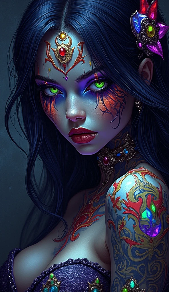 crystal style art, full body a very beautiful attractive woman with black hair, happy smile, inspired by Ryan Barger, fantasy art, sakimichan frank franzzeta, a woman's face is one third covered with impressive unique tattoos, greg rutkowski, beautifully infected, gamora, vivid colors surreal intricate details 8k