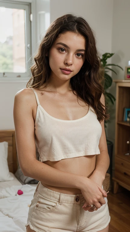 A very young girl of 13 years old, brown hair similar to elIe fanning, sleeveless blouse, golfer's miniskirt, tight clothing, happy expression, detailed face, detailed eyes, detailed lips, detailed hands, perfect hands, room interior, natural lighting, warm color tones, (best quality,4k,8k,highres,masterpiece:1.2),ultra-detailed,(realistic,photorealistic,photo-realistic:1.37),high quality, intricate details, vivid colors