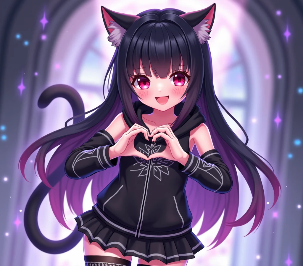 chibi, full body, (big head:1.5), super deformed, furry, personified, best quality, super fine, 16k, incredibly absurdres, extremely detailed, black cat beast-girl, looks very happy wearing cute frilly dress, cute pose, fantasy world image, variety of visual styles that combine various artistic elements like a sparkling iridescent pastel and vivid colors