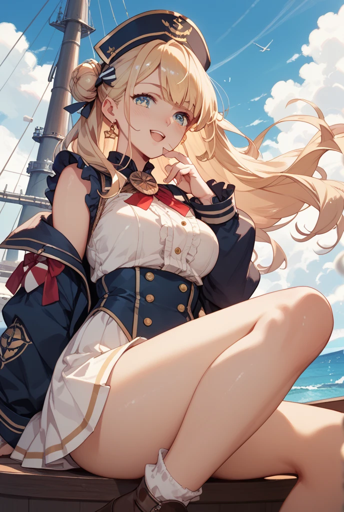 A woman wearing a navy commander's costume from the 1800s, long-sleeved red jacket, gold details on the jacket, tight white pants, black boots, black bicornuate navy commander's hat, standing and posing on an antique sailing ship, sea background with blue sky with clouds, blonde hair, long hair, pigtails, ice blue eyes, smiling, big breasts, perfect face, flag of Denmark,,.UHD, masterpiece, accurate, anatomically correct, textured skin, super detail, high quality, best quality, 8k, high resolution, bokeh effect. (woman alone)