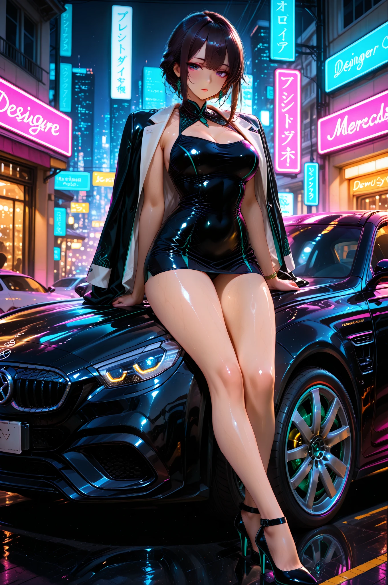 An upscaled, photorealistic, 4k, professional and perfect full body image of a beautiful, sexy, hot, perfect and muscular grid girl with wet hair, a slim and sexy perfect body with accentuated curves, amazing femininity, big, round and perfect breasts, big, round and perfect ass, thicc thighs and thick and juicy lips. She has a dripping wet body which is covered in Coconut oil, giving her a slick and wet look. She is wearing latex high heel boots and a tight, body hugging latex racing suit that shows and amplifies her clevage and sticks to her like a second skin. Her perky, erect nipples are poking at the fabric of the dress she is wearing. She is also wearing a shiny latex choker and her hair is in a Wavy Cut with Curtain Bangs. The full body frame of the image also shows her legs and goes all the way down to her feet. She is standing on a racetrack.