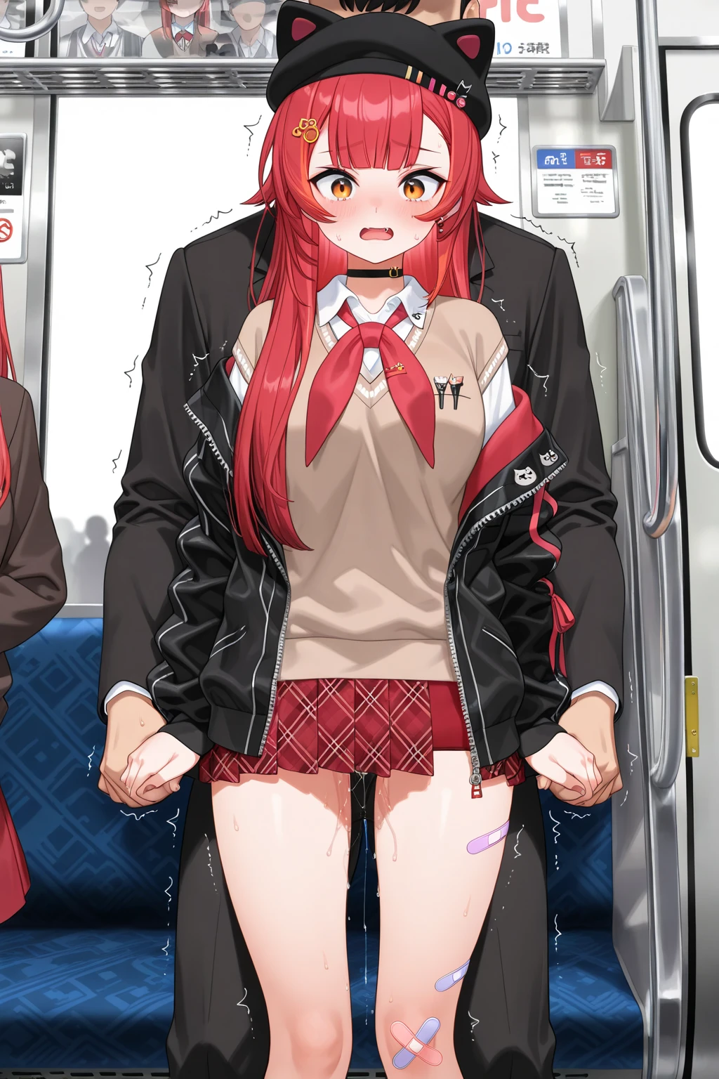 top-quality、lighting like a movie、Eroge illustration、anguished expression、High school girl being molested on a train、Eyes from below、ripped clothing、Small panties、
